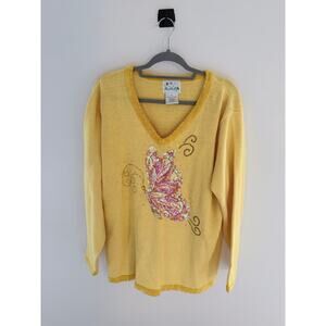 Vintage Quacker Factory yellow V-neck sweater sequined butterfly design-Size XL